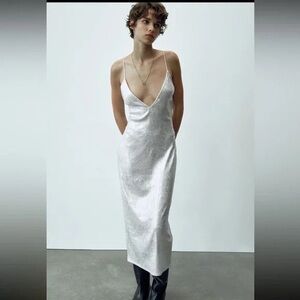 BRAND NEW ZARA Tags Attached MIDI Metallic Silver Dress Size Small stretchy